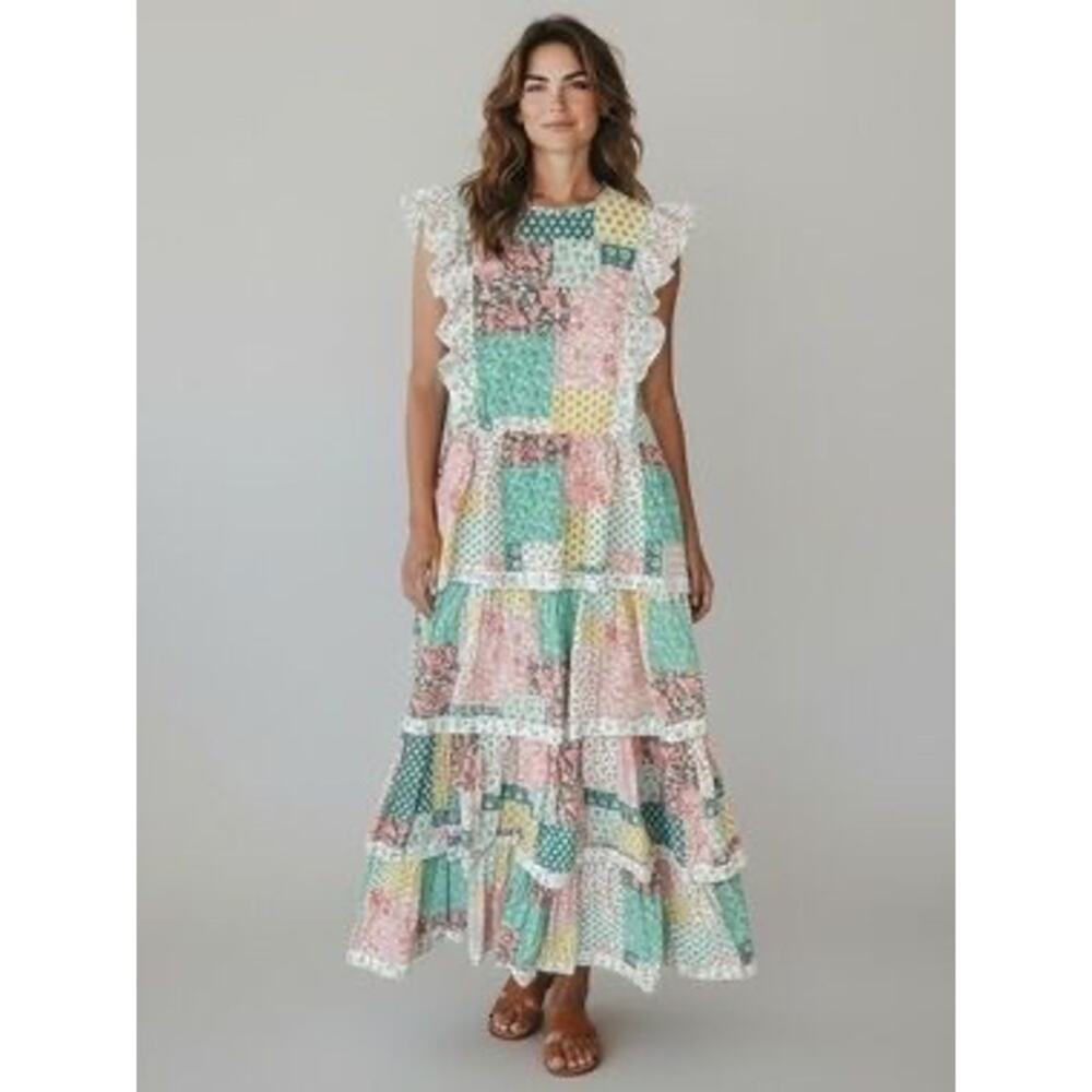 Simply Southern Hailey Patchwork Midi Dress Women's Size M Tiered Boho Chic NEW